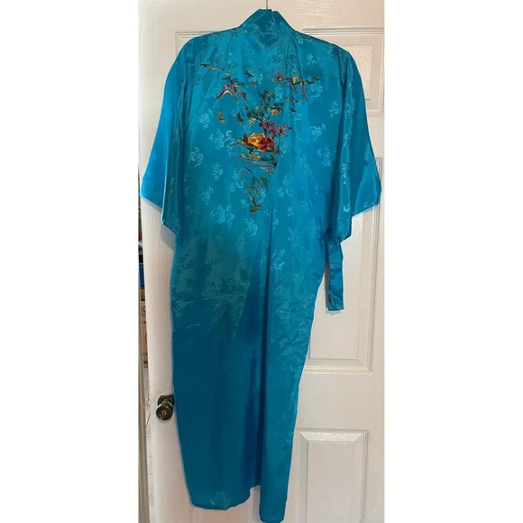NWT Golden BEE Dragon All Rayon Hand Embroidered Long Red Kimono Robe Blue Sz S - Picture 2 of 5